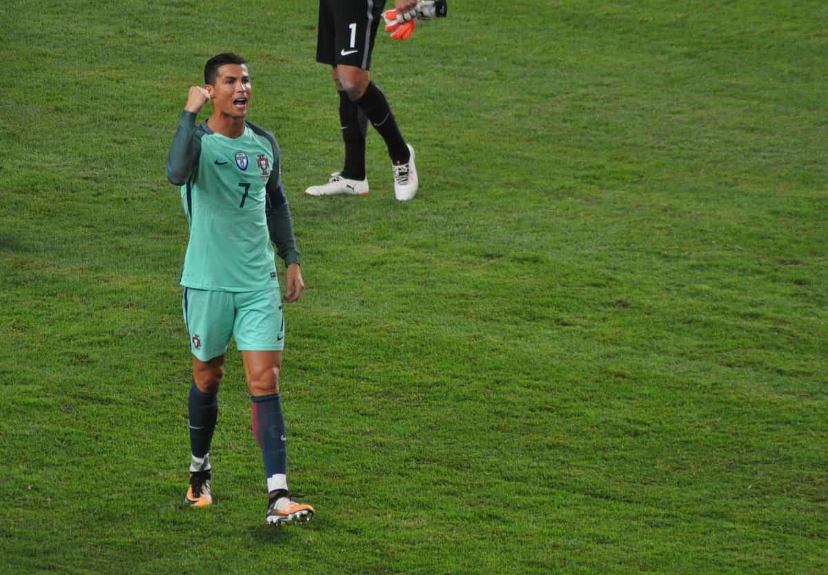 Cristiano Ronaldo playing for Portugal against Hungary.