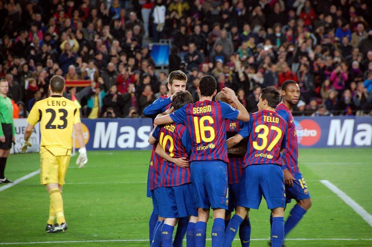 FC Barcelona celebrating a goal against Bayer Leverkusen.
