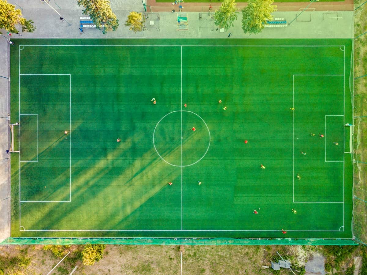 Birds eye view photo of a football pitch.