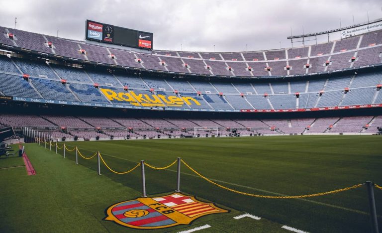 The view from the touchline inside the Nou Camp stadium, Barcelona.