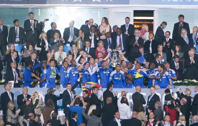 The Chelsea team lifting the Champions League trophy in 2012.