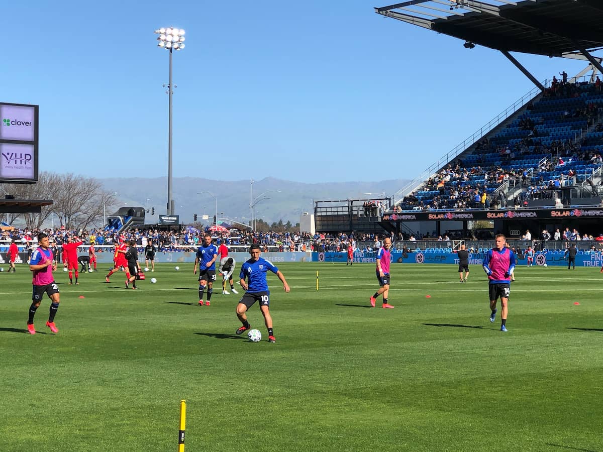 San Jose Earthquakes warming up before a match against Toronto FC in February 2020.