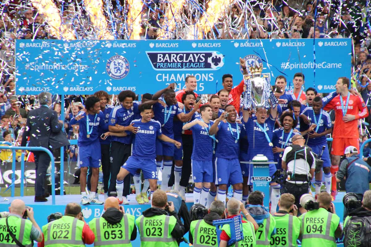 Chelsea Football Club lifting the 2014/15 Premier League trophy after beating Sunderland 3-1 at Stamford Bridge.